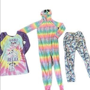 Girls 7/8 Winter Pajama Lot Bundle Pug Mermaid Rainbowviw Panda Fleece Onesie